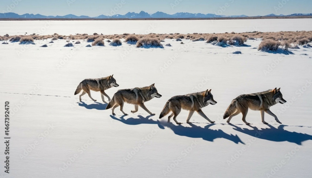Naklejka premium Coyotes Trotting Across a Snow-Covered Plain