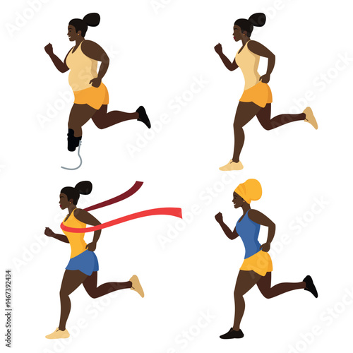 The African woman is a runner. The woman runs. An overweight woman with a prosthetic leg. A woman with a red ribbon of the winner at the finish line. A woman in a turban.