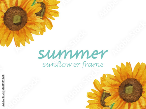 Vector illustration of Frame with hand drawn watercolor sunflowers placed in the top left and bottom right (sample text)