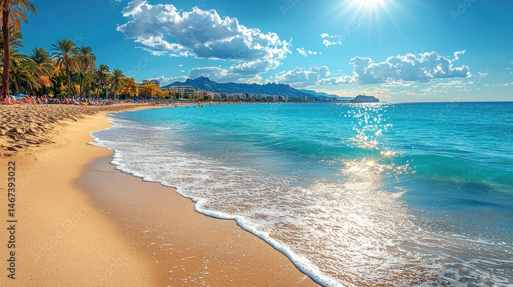 Vivid Coastal Scene with Turquoise Waters and Mountain Backdrop during daytime