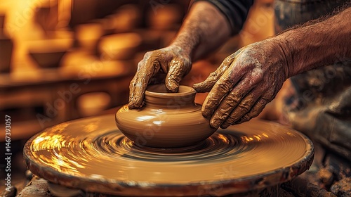 Skilled hands shaping clay on a pottery wheel.  Expertly molding a terracotta vessel