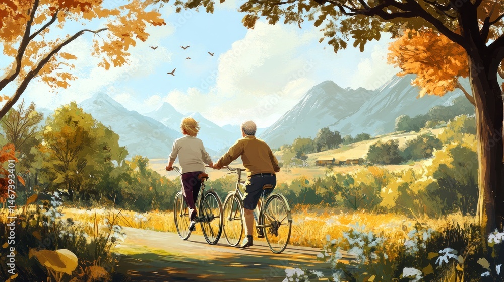 Obraz premium Elderly couple cycling through autumn landscape with mountains