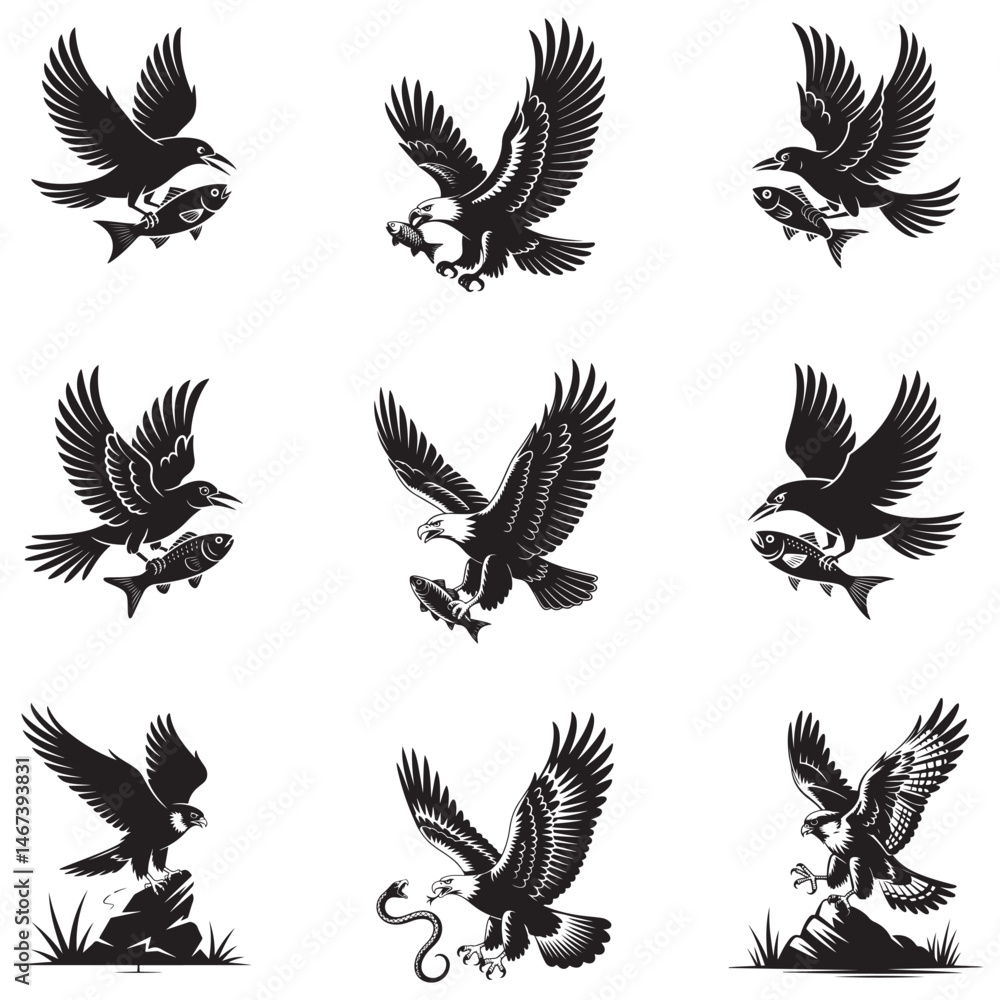 Obraz premium Dynamic Bird Vector Set with Flying, Perching, and Standing Poses in Bold Styles A stunning collection of birds in energetic poses, ideal for creating impactful wildlife and nature designs .Thank You.
