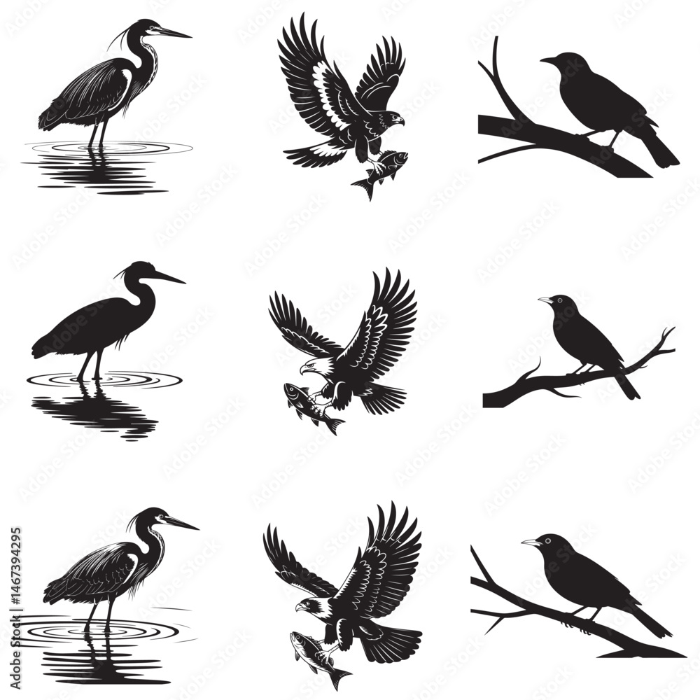Obraz premium Dynamic Bird Vector Set with Flying, Perching, and Standing Poses in Bold Styles A stunning collection of birds in energetic poses, ideal for creating impactful wildlife and nature designs .Thank You.