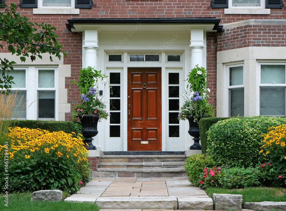 custom made wallpaper toronto digitalElegant wood grain front door surrounded by flowers in summer