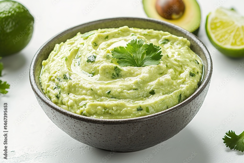 A bowl of creamy avocado dip with lime and cilantro, resting on a white background A bowl of creamy avocado dip with lime and cilantro, resting on a white background