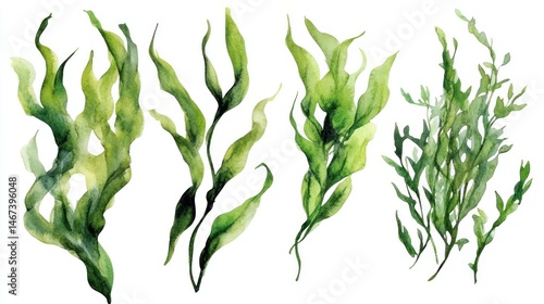 Watercolor painting of four types of seaweed and aquatic plants on white background.