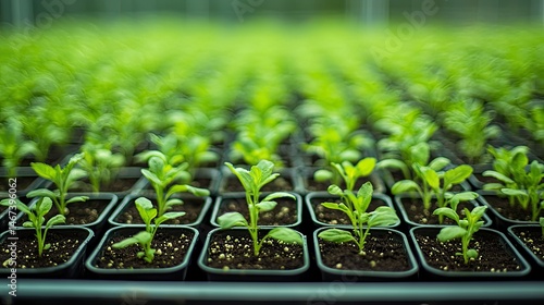 Rows of young plants in individual containers,  growing in a greenhouse setting.  Close-up view of seedlings, showcasing healthy growth