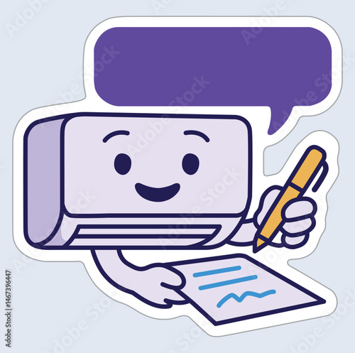 Cute cartoon air conditioner mascot happily signing a document with a big smile – adorable HVAC sticker for fun branding.