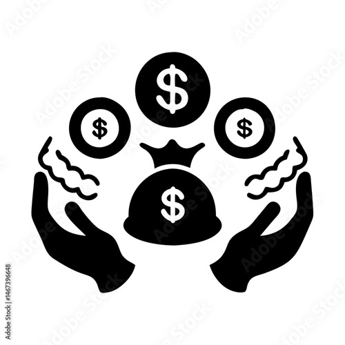 Hands presenting a bag of money and three coins investment concept