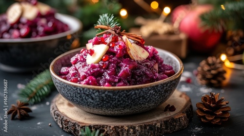 Festive red cabbage and apple relish in a bowl, garnished with pomegranate seeds and cinnamon stick, on a dark background with Christmas decorations.
