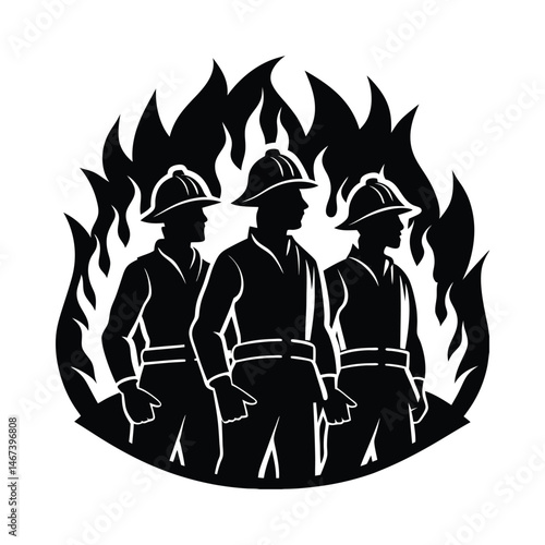 Firefighters silhouetted in front of flames on white background 