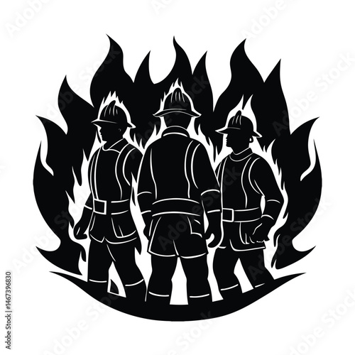 Firefighters silhouetted in front of flames on white background 