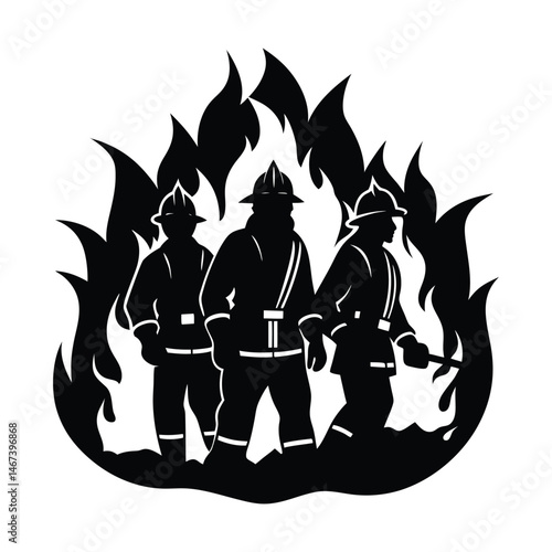 Firefighters silhouetted in front of flames on white background 