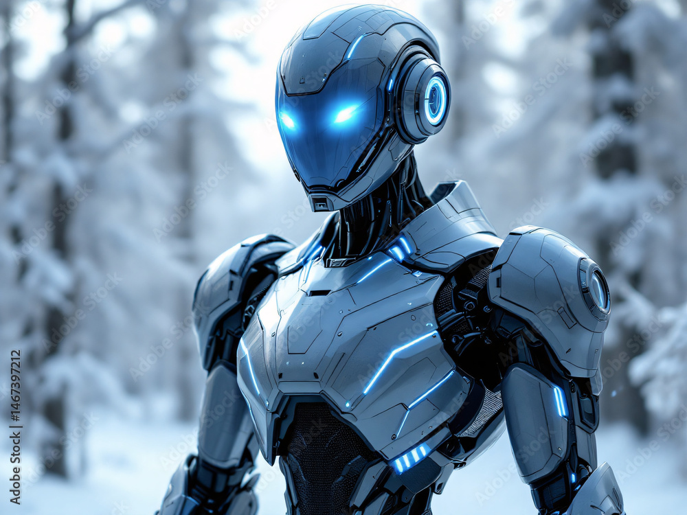 Futuristic robot in a snowy winter landscape, blending technology with nature. Futuristic robot in a snowy winter landscape, blending technology with nature.