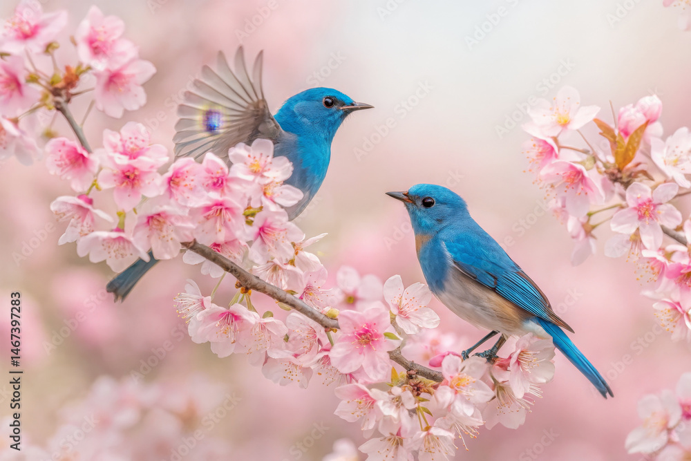 Bluebirds resting and fluttering on blooming cherry blossom branches. A vivid symbol of spring, love, and renewal. Bluebirds resting and fluttering on blooming cherry blossom branches. A vivid symbol of spring, love, and renewal.