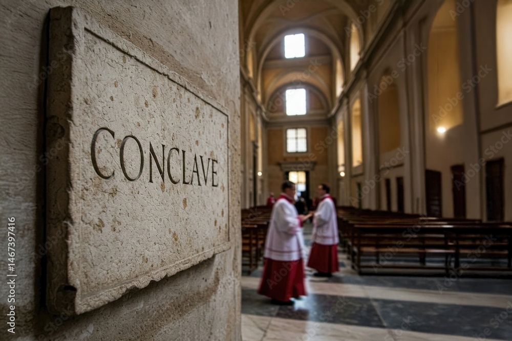 Naklejka premium Historic chapel interior with conclave sign and clergy in vestments