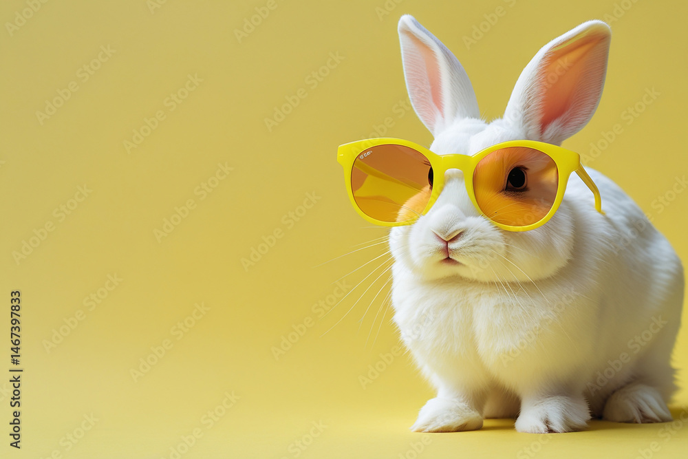 Fototapeta premium Minimalist Photo of White Rabbit in Yellow Sunglasses on Bright Yellow Background – Modern, Playful, High-Contrast Animal Portrait