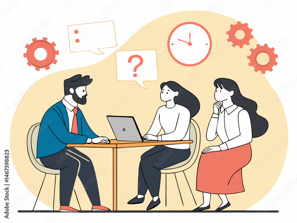 Flat design illustration of recruitment meeting with digital resume analysis Flat design illustration of recruitment meeting with digital resume analysis