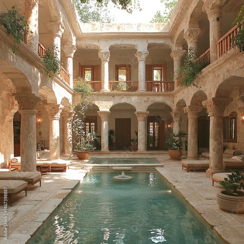 Serene courtyard pool evokes tranquil relaxation and elegant design aesthetic