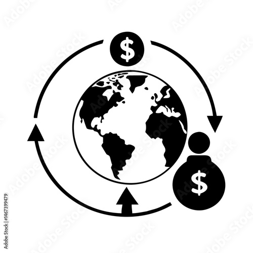 Global financial flows and exchange represented in a black and white illustration