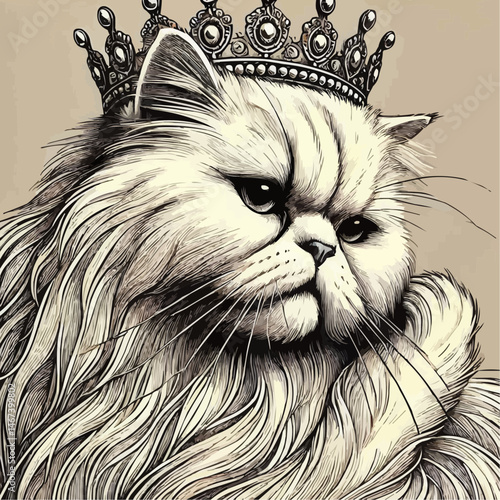  Cat with a regal mood wearing a crown against a plain background.