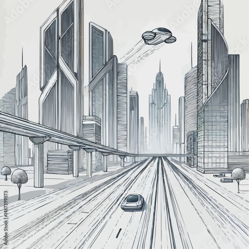 Futuristic cityscape in monochrome colors representing advanced technology