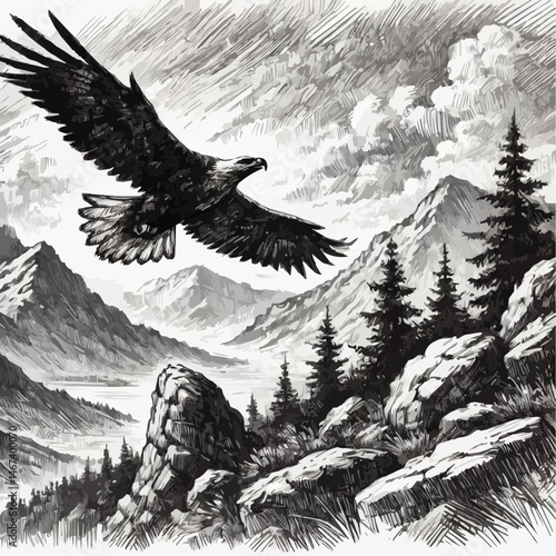 Eagle with a majestic mood flying over mountains against a cloudy sky background