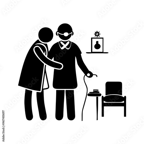 Pictogram Illustrating Caregiver Assisting Elderly Person with Visual Impairment and Cane