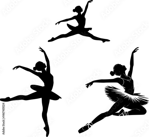 ballerina flying dance poses in silhouette vector set