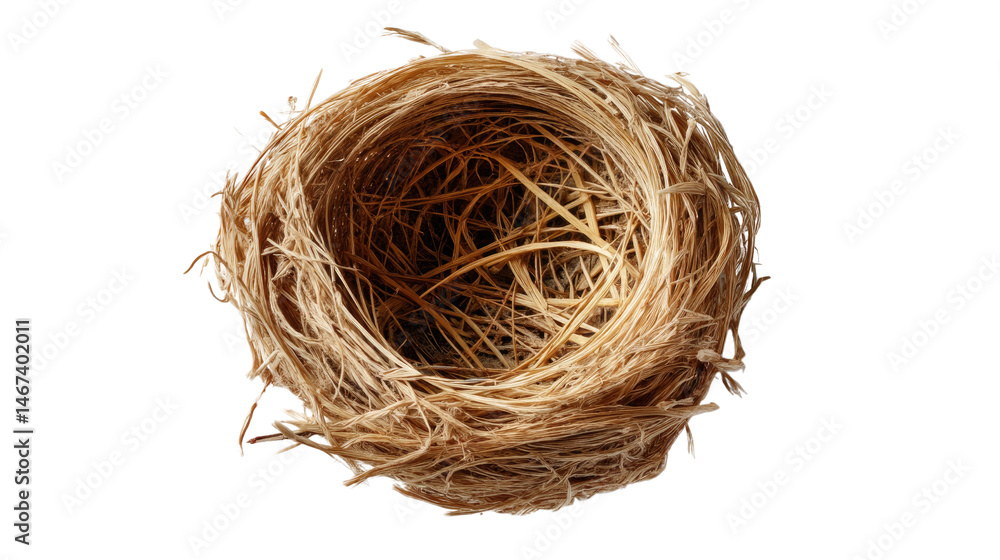 Obraz premium Empty Bird Nest: A detailed close-up of an empty bird's nest, showcasing its intricate woven structure of twigs and grass. The nest is meticulously crafted, suggesting the bird's diligence and care.