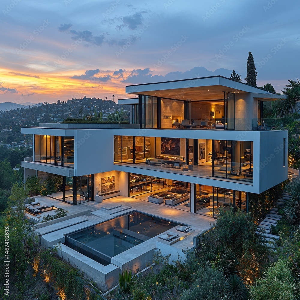 Modern House with Pool at Sunset Luxury Home Design