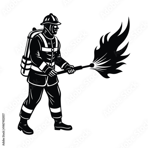 Firefighter using fire extinguisher vector silhouette 