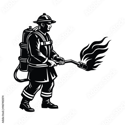 Firefighter using fire extinguisher vector silhouette 