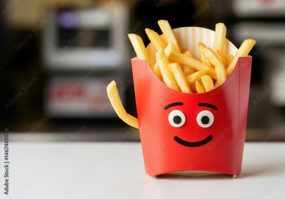 Happy red container of French fries with smiling face on restaurant table