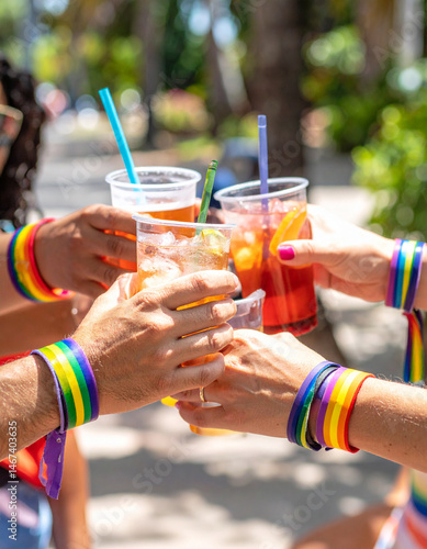 Friends raising drinks in a toast at a pride celebration, with rainbow wristbands on