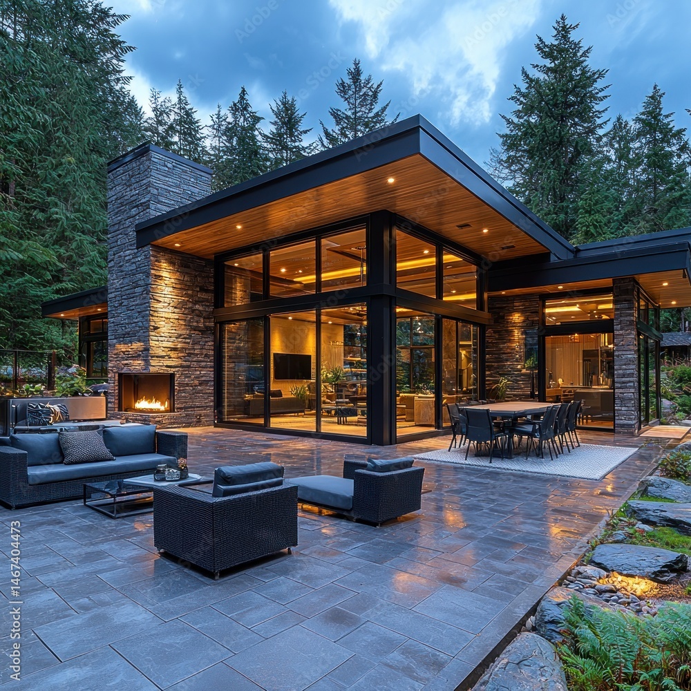 Luxury Modern Home with Outdoor Patio and Fireplace in Forest Setting