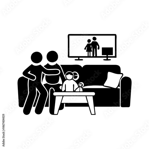 Family watching television together in their living room with a child