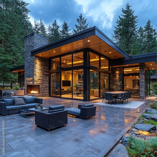 Obraz na płótnie Luxury Modern Home with Outdoor Patio and Fireplace in Forest Setting w salonie