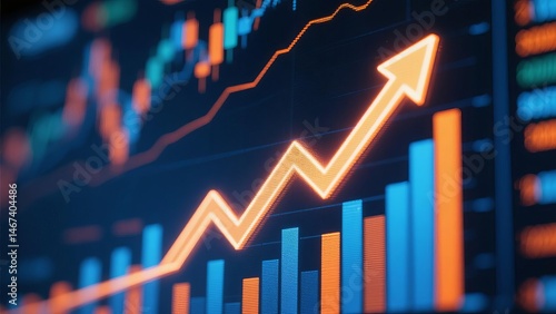 Glowing upward arrow graph on digital screen with financial charts, symbolizing stock market growth, corporate success and positive economic trends.