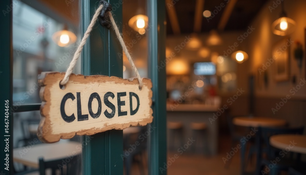 Cozy cafeteria interior with closed sign hanging on door at evening
