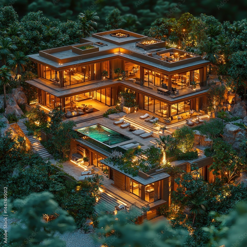 Luxury Home Architecture Blending Into Tropical Forest at Night