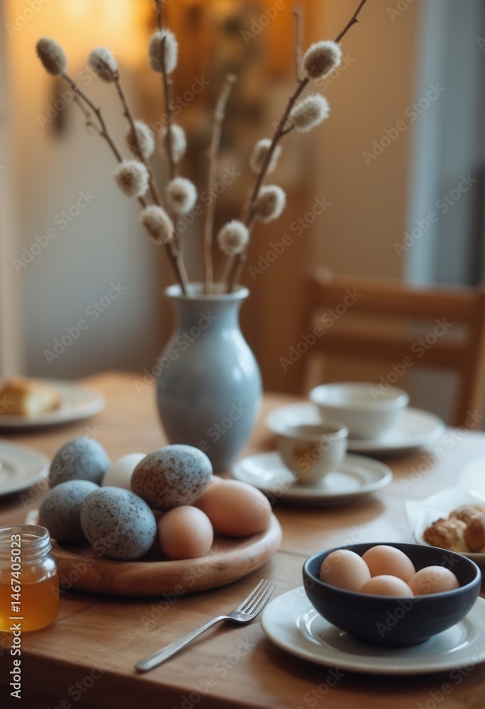 Cozy Easter breakfast table with speckled eggs, willow vase, and honey jar in warm lighting