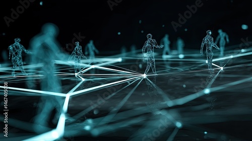 Dynamic interaction of digital humans in a virtual space futuristic environment abstract visualization