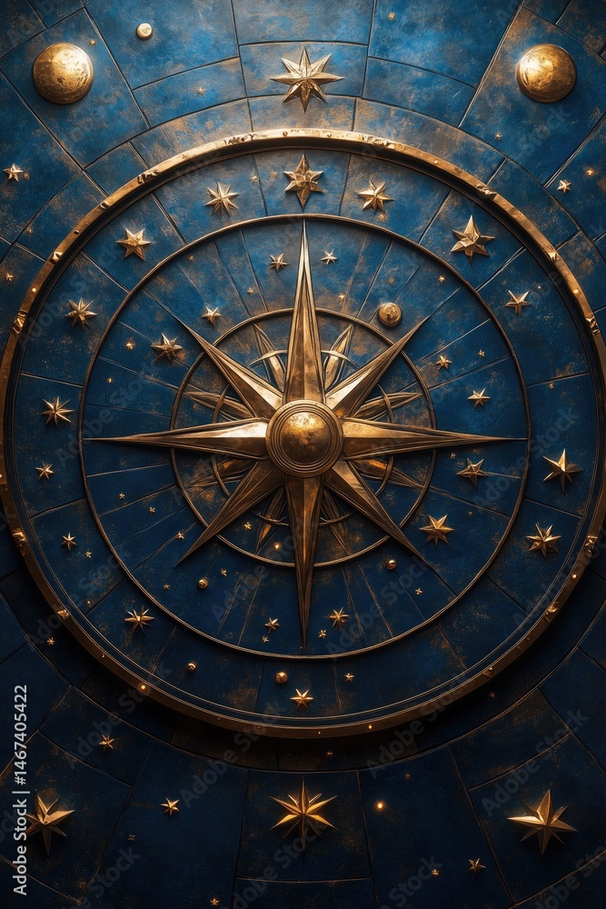 Fototapeta premium Ornate gold star compass on blue celestial-themed background