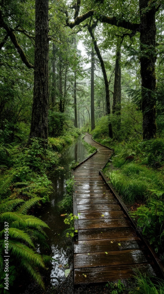 Exploring a serene nature pathway through the lush forest in rainy conditions landscape photography tranquil environment Exploring a serene nature pathway through the lush forest in rainy conditions landscape photography tranquil environment