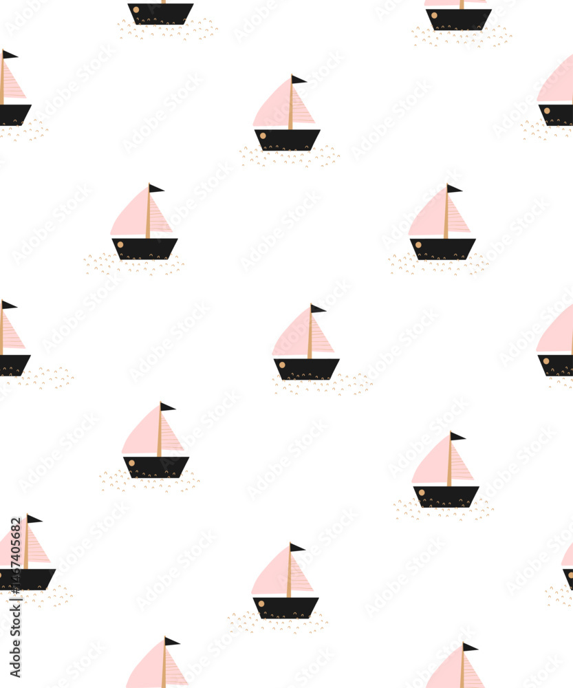 custom made wallpaper toronto digitalCute Hand Drawn Print With Small Sailboats On The Sea. Childish Drawing-like Seamless Vector Pattern With Regatta Boats On a Wavy Water. Marine Wallpaper. Pink-black Boats On a White Background.