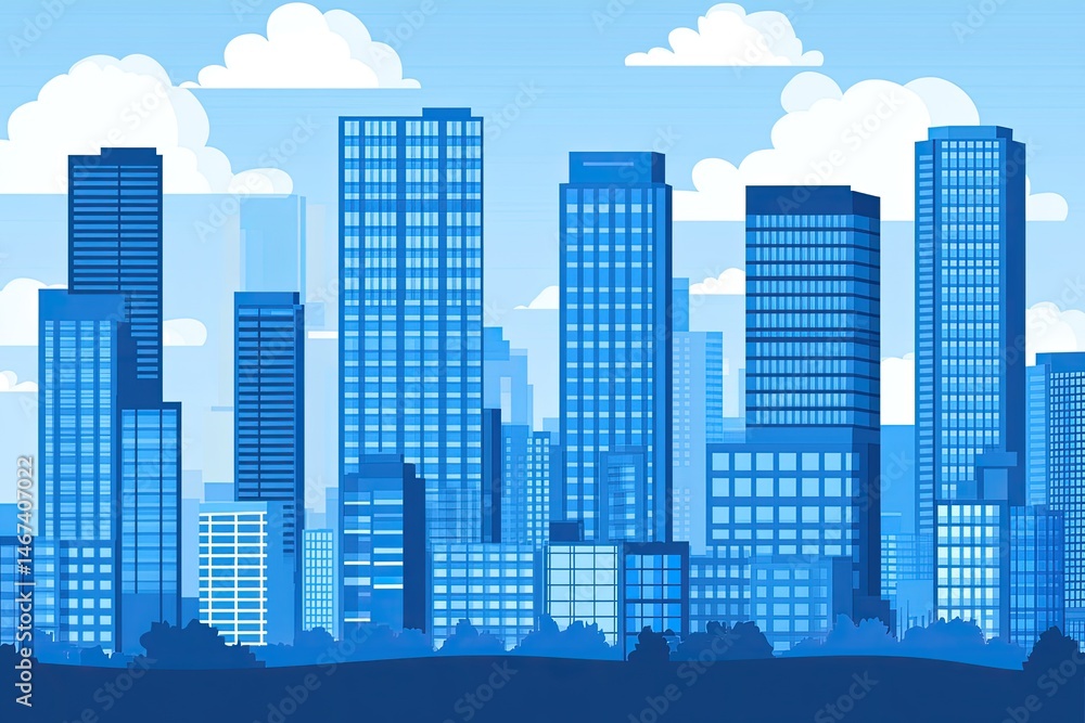 Modern Cityscape Illustration Towering Skyscrapers Reaching Towards a Bright, Cloudy Blue Sky. Modern Cityscape Illustration Towering Skyscrapers Reaching Towards a Bright, Cloudy Blue Sky.
