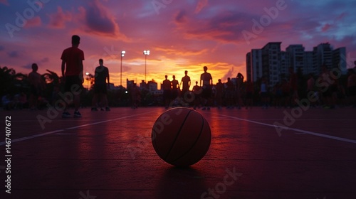 Silhouette of basketball players at sunset