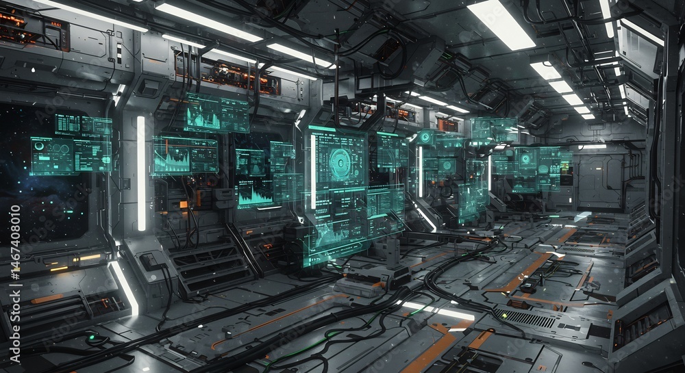 Fototapeta premium Futuristic Spaceship Corridor with Glowing Digital Screens